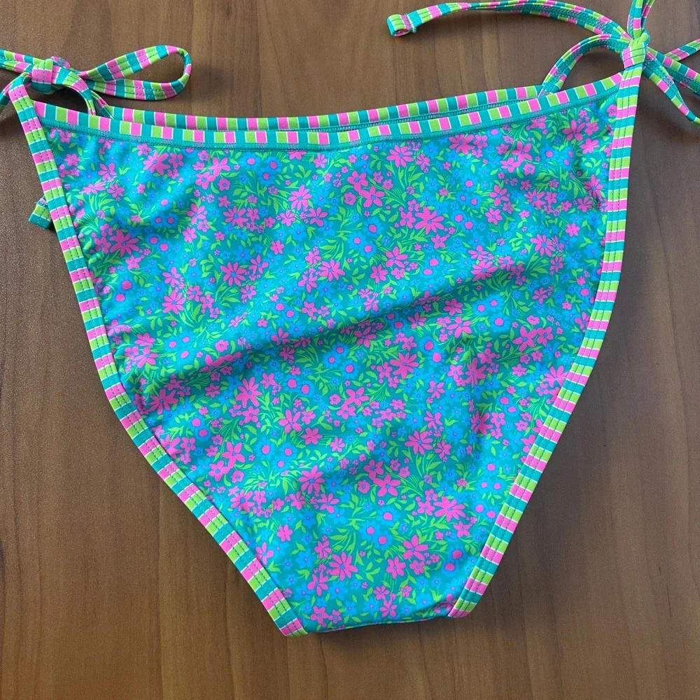 Wild Fable Floral Green Bikini Bottom High Leg Stripe Side Tie Low Rise Cheeky M